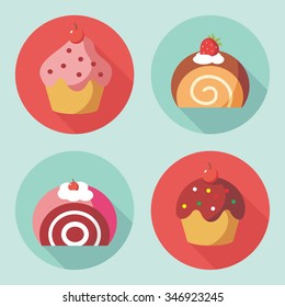 Vector of Cupcake, Muffins with Raisins, Strawberry Cherry and Chocolate