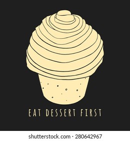 Vector cupcake on the black background. Hand drawn food illustration