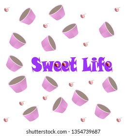 Vector, a cupcake on a white background in a pink wrapper, pattern with cupcakes with the inscription