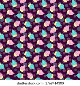 Vector cupcake pattern with purple background. Cute birthday party pattern for kids.