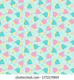 Vector cupcake pattern qith blue background.