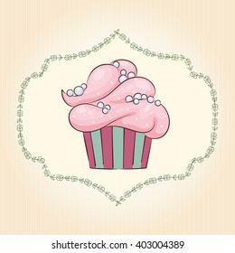 Vector cupcake with pearls. Ideal for posters, advertisements, announcements, labels, banner, menu for cafe and restaurants. Vector illustration
