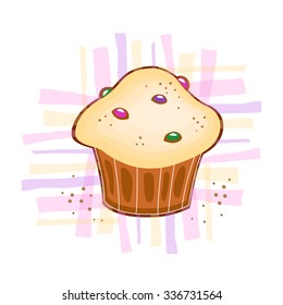 Vector cupcake with pink, green and violet sweets on striped background