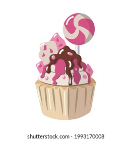 Vector cupcake poured with chocolate, pink syrup, with chocolate bars, pink lollipop and beads on a white background is isolated. The cake can be used for postcards, T-shirt design, invitations, menus