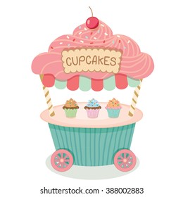 Vector cupcake push cart on isolated.Pastel color cute style.