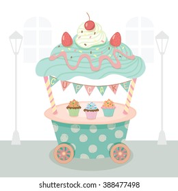 Vector cupcake push cart on street background.Pastel color on blue and pink cute style.