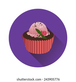 Vector cupcake with raspberry ice cream and raspberries berry in paper cupcake holder round icon featuring long shadow | Cupcake with raspberries berry. Mini cake. Sweet pastries flat design.