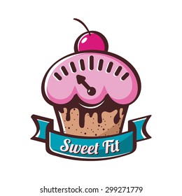 Vector cupcake with scales, logo icon. Concept for diet food, bakery, fitness menu, sweets shop, cafe, dessert, pastry.