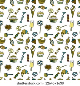 Vector. Cupcake seamless pattern. Muffin sweet texture background. Texture for prints, decorations, fabric. Colorful cream dessert backdrop on white, brown and black.
