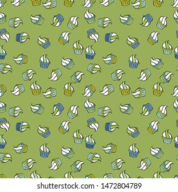 Vector. Cupcake seamless pattern. Muffin sweet texture background. Texture for prints, decorations, fabric. Colorful cream dessert backdrop on green, white and black.