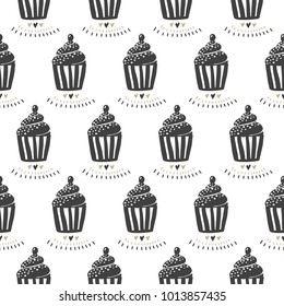 Vector cupcake seamless pattern. Objects for design. French dessert. Cute muffin. Sweets doodle vector background.