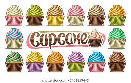 Vector Cupcake Set, big collection of cut out illustrations various homemade cupcakes in paper package with mixed twisted cream, group of colorful small cup cakes and word cupcake on white background