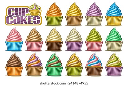 Vector Cupcake Set, big collection of cut out illustrations variety holiday cupcakes in paper package with dairy twisted cream, group of colorful small cupcakes and words cup cakes on white background