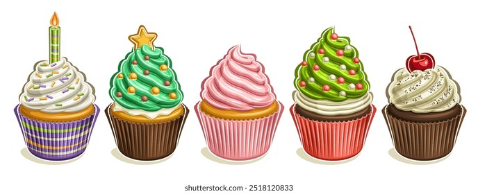 Vector Cupcake Set, collection of cut out illustrations different home made cute cupcakes in paper package with twisted cream, group of colorful cartoon small cupcakes in a row on white background