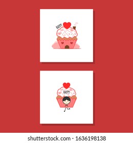 Vector cupcake shaped image that resembles a house and mascot.