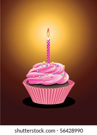 Vector Cupcake With Sprinkles And Burning Candle