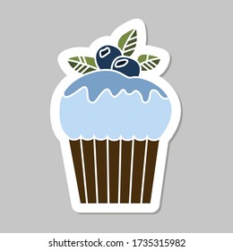 Vector cupcake sticker isolated on gray background. Food design elements for the menu, bakery logo, web, postcards, stickers.