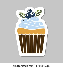 Vector cupcake sticker isolated on gray background. Food design elements for the menu, bakery logo, web, postcards, stickers.