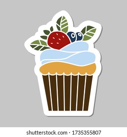 Pegatina de bizcocho vectorial aislada en fondo gris. Elementos de diseño de comida para el menú, logotipo de panadería, web, postales, pegatinas.
