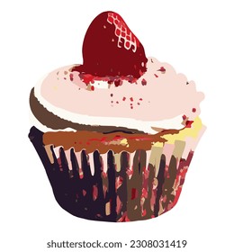 Vector de bizcocho con fresa. Pastel, fresa, tarta, postre, dulce, crema, panadería.