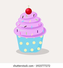 Vector cupcake, strawberry cupcake with Sugar flakes and cherry on top.