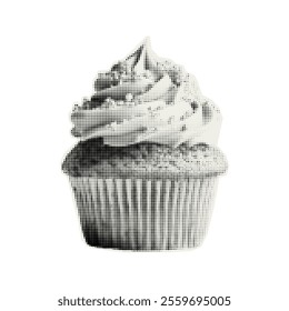 Vector cupcake. Trendy retro element with a halftone effect for collage, poster, banner, cover design.