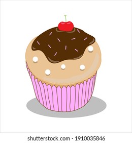 Vector cupcake, vanilla cupcake with chocolate, sugar flakes, and a cherry on top.