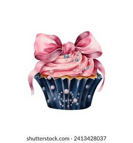 Vector cupcake in watercolour style. Decorative cake with a pink bow isolated on white background. Cupcake clip art for cafe, bakery, logo