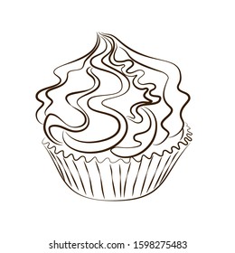 Vector cupcake with whipped cream hand drawn sketch isolated on the white background