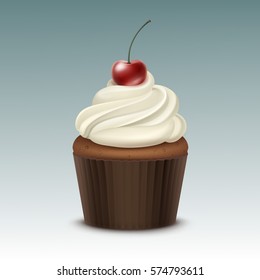 Vector Cupcake with White Whipped Cream and Cherry Close up Isolated on Background