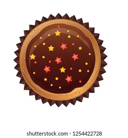 Vector cupcakes with chocolate, sugar stars. Top view flat icon on white background.