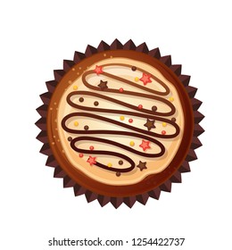 Vector cupcakes with chocolate top. Top view flat icon on white background.