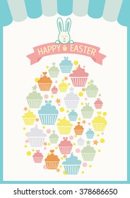 Vector of cupcakes collage into the egg for easter's day.Blue and pastel colors tone