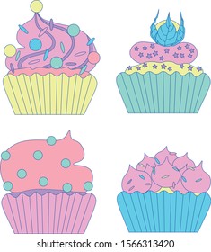 Vector cupcakes decorated with cream and marshmallows with colored sprinkles