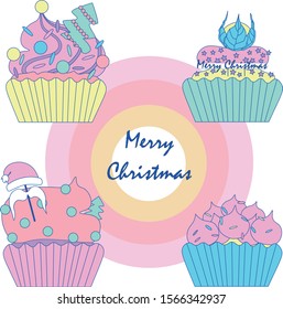 Vector cupcakes decorated with cream and marshmallows with colorful sprinkles in a New Year's style