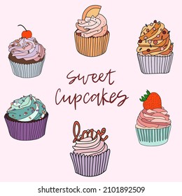 Vector cupcakes illustration set. Sweet muffins. cartoon eat. Tasty breakfast