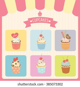 Vector cupcakes menu decoration with color box frame and awning in bakery shop.Pink border
