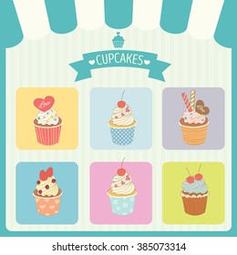Vector cupcakes menu decoration with color box frame and awning in bakery shop.Green border