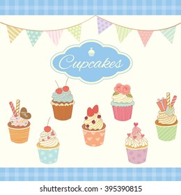 Vector cupcakes menu decoration with triangle flags in party theme.Blue background color and pastel.