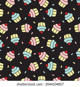 Vector cupcakes pattern with colorful sprinkles on black background
