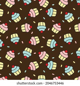Vector cupcakes pattern with colorful sprinkles on dark brown background