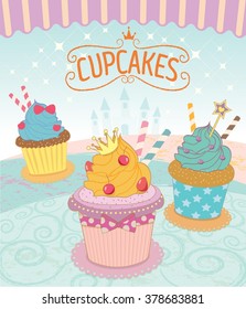 Vector the cupcakes in princess theme concept.Colorful tone.