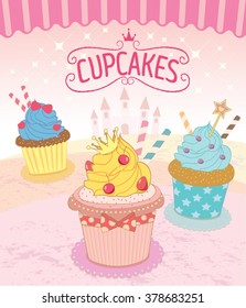 Vector the cupcakes in princess theme concept.Pink background color.