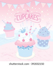 Vector the cupcakes in princess theme concept.Rose quartz colors theme of pink background.