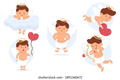 Vector cupid boys in different poses and with different emotions on an isolated white background. Can be used on websites, postcards and web banners. Valentine's day and other big holidays.
