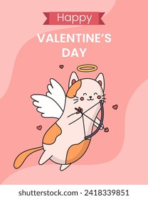 Vector cupid funny cat flying in sky. Happy Valentine's day greeting card. Amur cat character with arrow isolated on pink background.