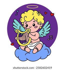 Vector Cupid illustration playing a harp while sitting on a fluffy cloud. Perfect for Valentine's Day and love themes