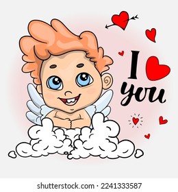 Vector cupid on the cloud. Cupid greeting. Little cute cupid with many little hearts and pink background. Greeting card with text I love you. Illustration for Valentines day design.