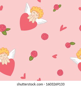 Vector Cupid on heart with small roses and hearts love seamless Valentines Day pattern