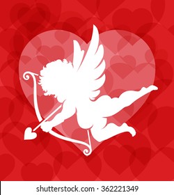 Vector Cupid silhouette on red background filled with hearts.